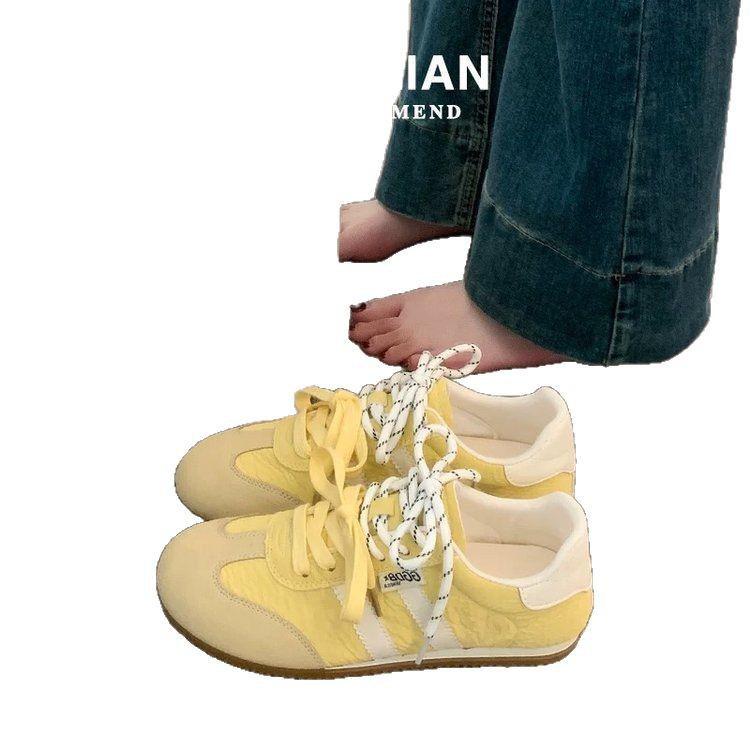 Women's Yellow Leather German Trainer Shoes: New 2025 Spring Style, Lightweight, Versatile, Thin Sole, Casual Sports Skate Shoes.