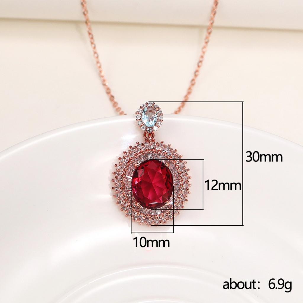 Oval Red Center Stone Pendant Necklace Double Halo Design Sparkling Statement Jewelry for Women