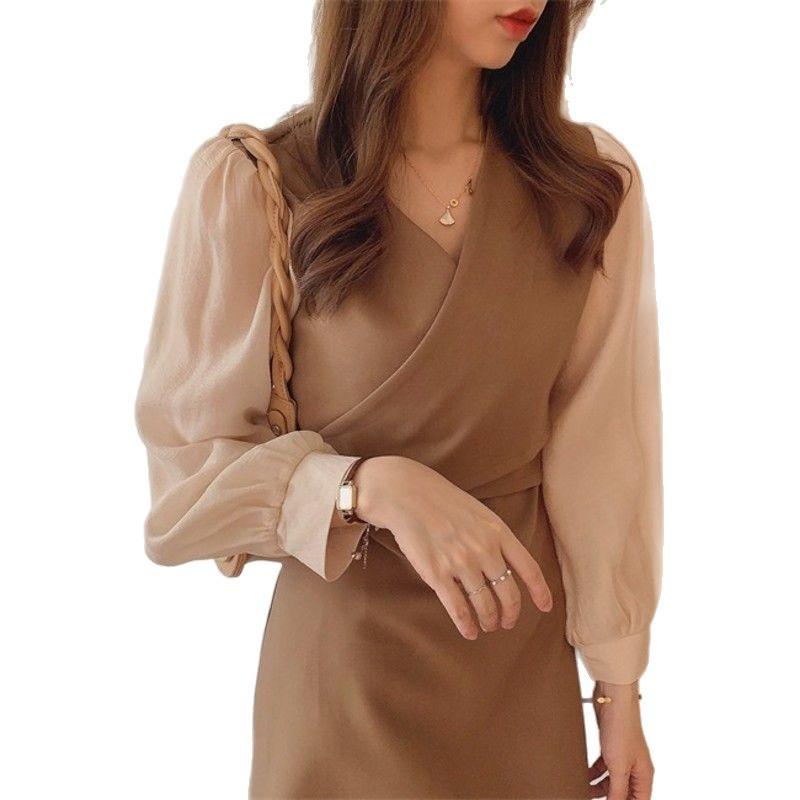 Spring Long Sleeve Chiffon Dress With Waist Ties For Casual And Office Wear