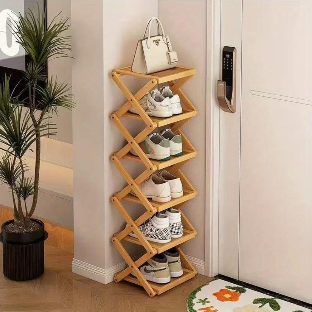 Bamboo Shoe Rack, Foldable Space Saving Shelves for Home and Bedroom - Interior Entry Storage Free Footed Shoe Narrow Shelf