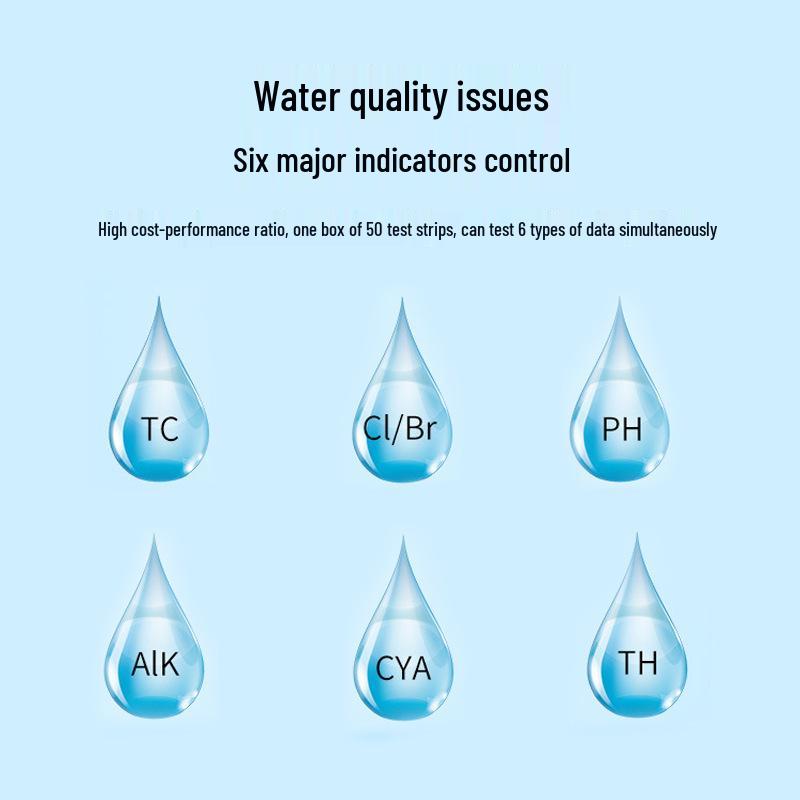 Benzi de testare 6-în-1 pentru acvariu și piscină: Clor, pH, Alcalinitate, Duritate - 50 Benzi per Flacon