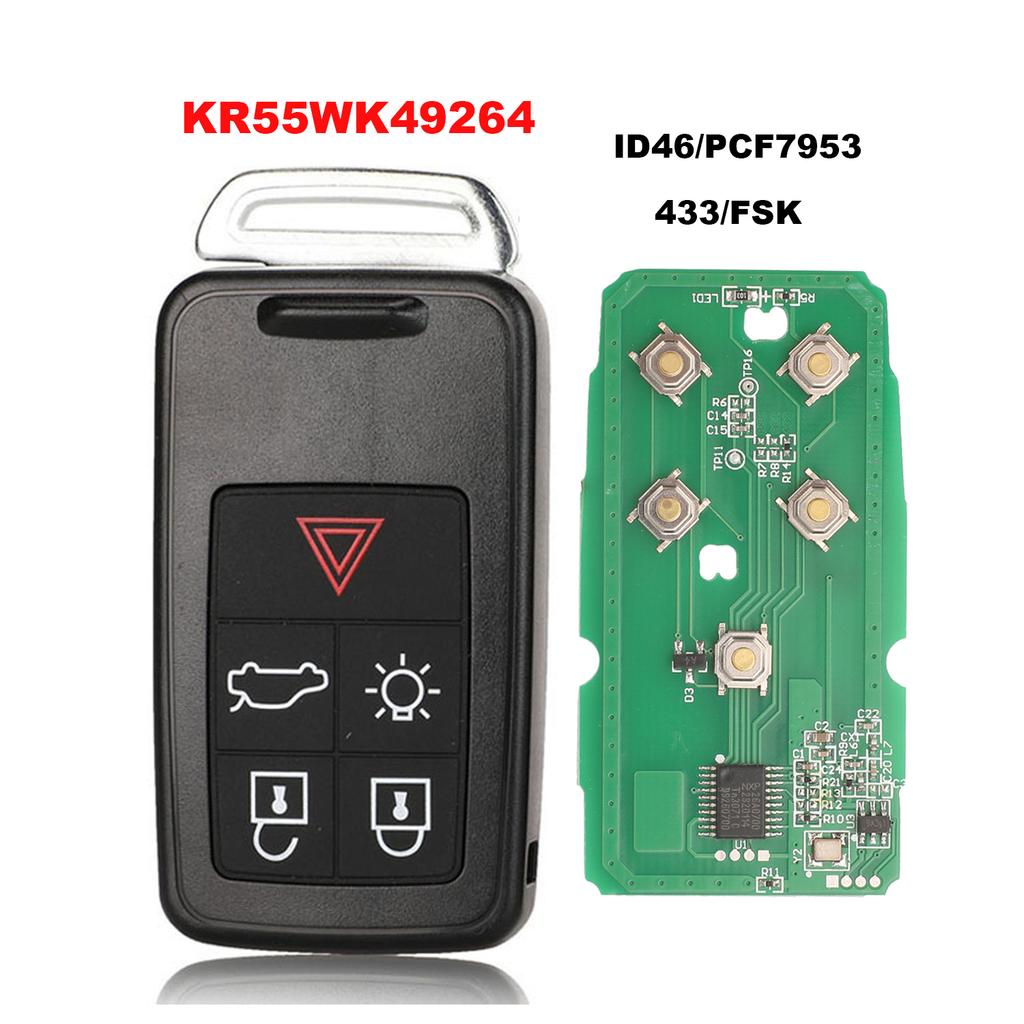 Jingyuqin 5 Tasten Fernbedienungsschlüssel Smart Autoschlüsselanhänger 434MHz ID46 Chip Für Volvo XC60 S60 S60L V40 V60 S80 XC70 KYDZ Unbearbeiteter Schlüsselbart