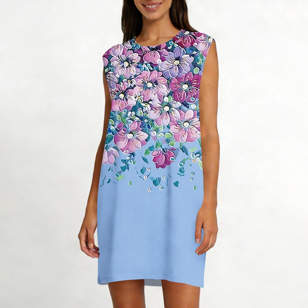 Women's Casual And Fashionable Round-neck Sleeveless Printing Mid Length Dress