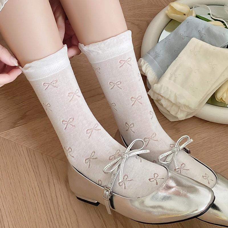 Lace Bubble Mouth Socks Pure Cotton Boneless Pile Socks Spring And Autumn Thin Cute Sweet Bow Tube Socks