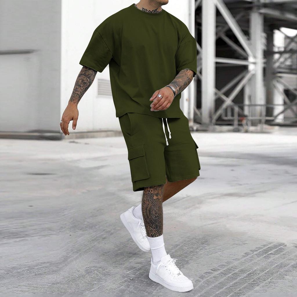 Men's Casual Short Sleeve T-Shirt and Cargo Shorts Set Lightweight Breathable Fabric Loose Fit Summer Outfit