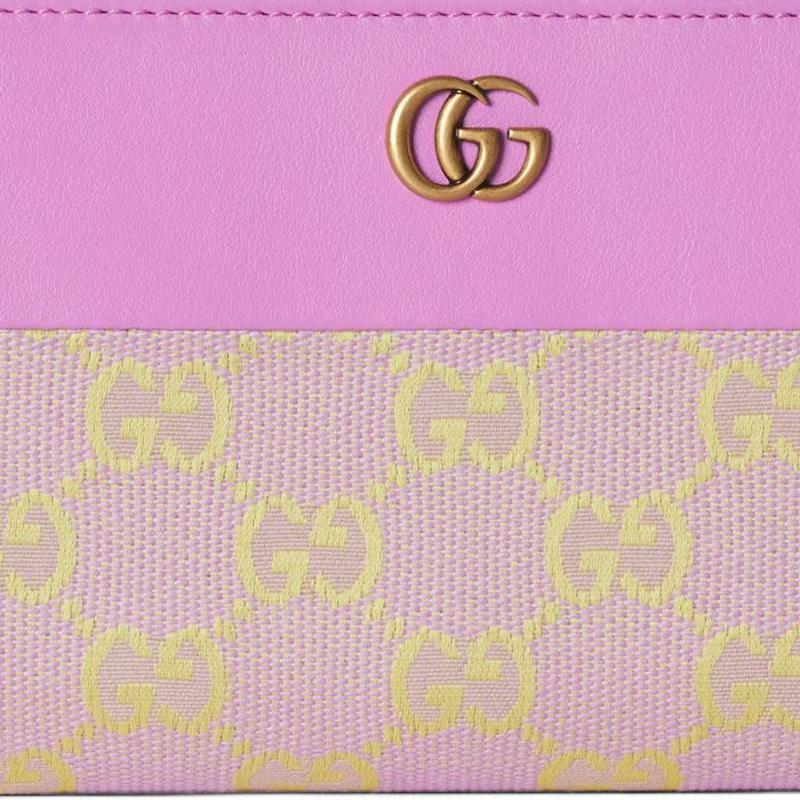 Gucci Gold hardware Double G logo zipper closure Canvas with leather trim Wallet Unisex couple style Lilac with yellow