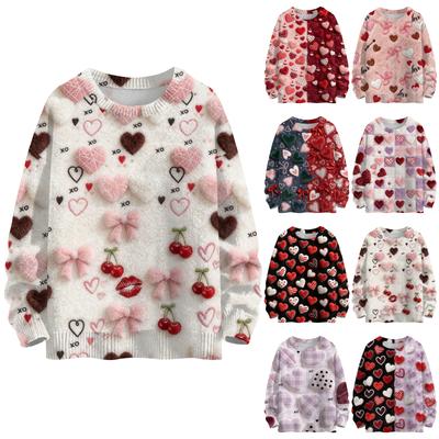 Women's Fashion Casual Long,Sleeve Valentine's Day Round,Neck Knit Pullover Top