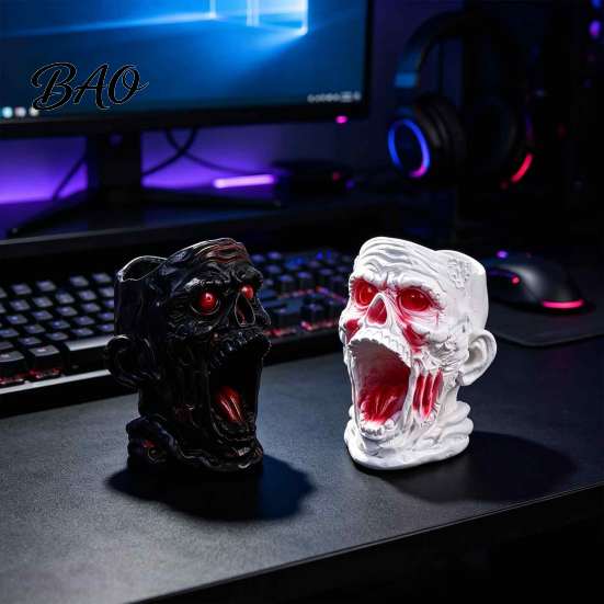 Dark Home Office Decor Gothic Skull Pen Holder, Realistic Zombie Head Makeup Brush Organizer, Large Capacity Desktop Niche Art Piece Storage