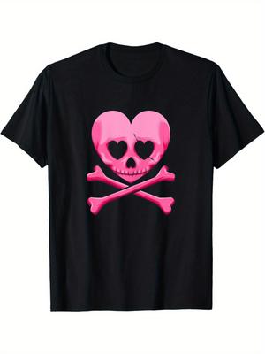 Pink Heart Skull Crossbones Graphic Tee Gothic Couples Matching Unisex Cotton T-Shirt Casual Daily