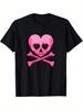 Pink Heart Skull Crossbones Graphic Tee Gothic Couples Matching Unisex Cotton T-Shirt Casual Daily