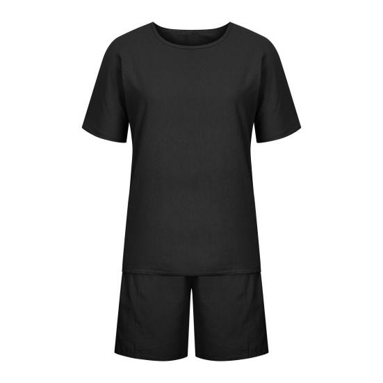 Women's Cotton Linen 2-Piece Outfit Short Sleeve Crewneck Pullover Top And Shorts Set with Pockets Summer Casual Loungewear Tracksuit