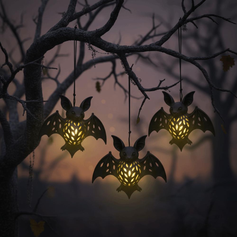 2PCS Openwork Bat Decorative Hanging Lamp Glowing Bat Chandelier Halloween Bat Lampshade  Halloween