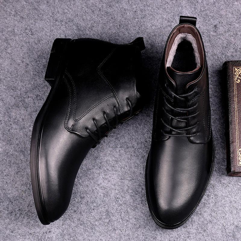 Fashion Handmade Mens Winter Plush Snow Boots Genuine Leather Ankle Boots for Men Leisure Walk Motocross Boots Versatile Walking Botas