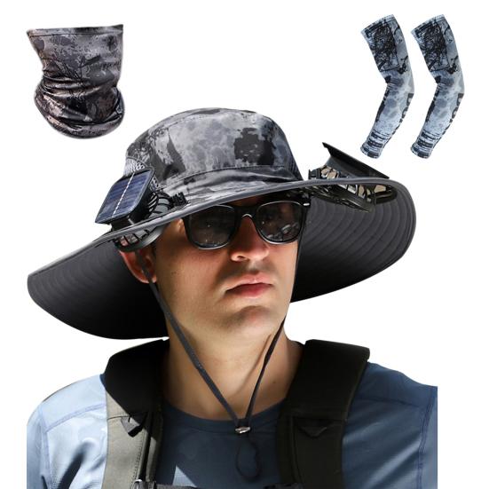 1 Set Solar Fan Hat with Arm Sleeves Neck Gaiter UV Protection USB Rechargeable Foldable Men Women Outdoor Fishing Hiking Cooling Fan Sun Hat