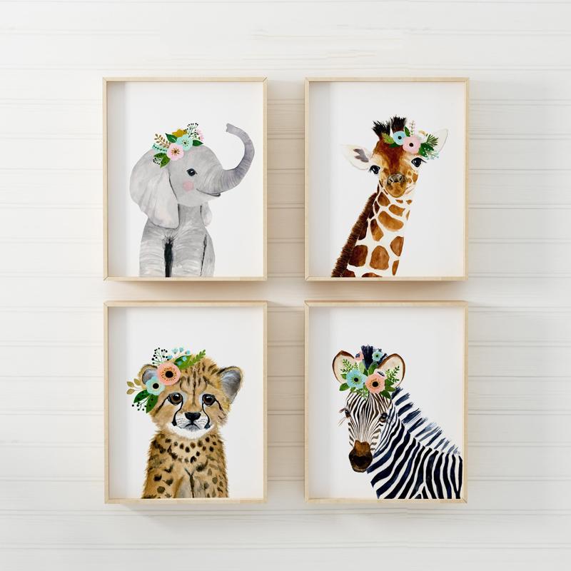Cartoon Animal Cute Wearing Flower Elephant Zebra Baby Posters And Prints Wall Art Canvas Painting Wall Pictures Kids Room Décor No Frame