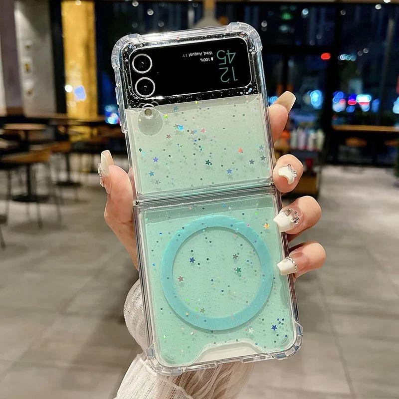 For Samsung Z Flip 6 5 4 3 Magsafe Gradient Glitter Folding Phone Case For Samsung Z Flip 5 4 Magnetic Charging Shockproof Cover