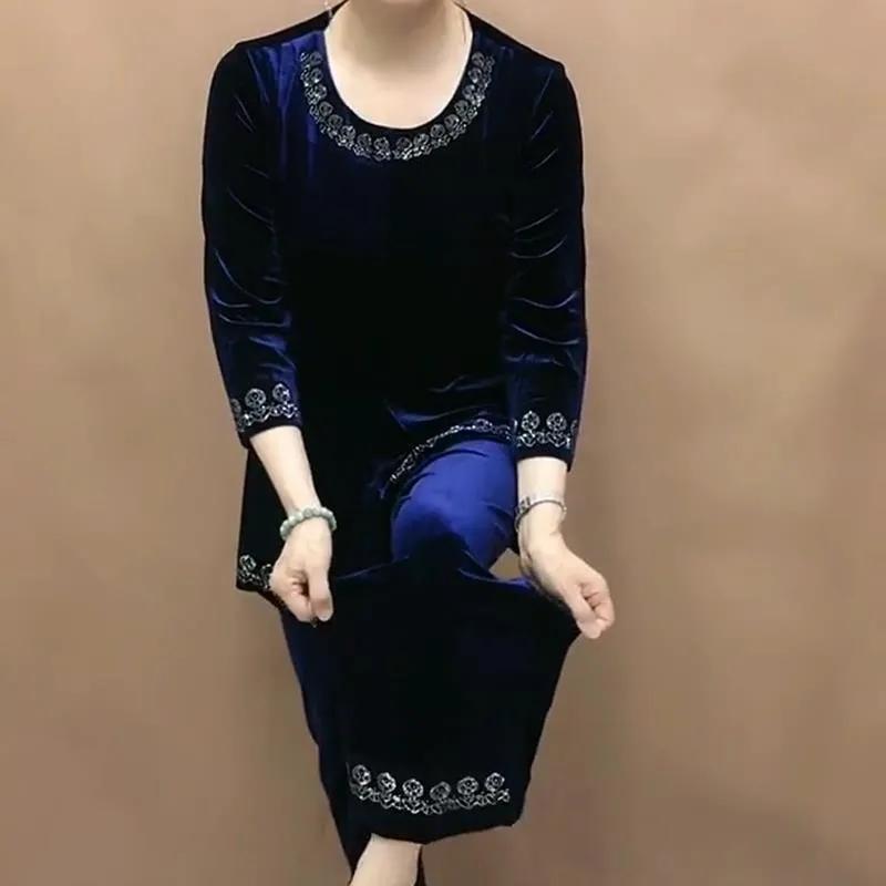 Damen Design Übergröße Chinesischer Stil Schlitz vorne Set Mom-Fit Lässig Rundhals-Oberteil + Hose Zweiteiliges Set