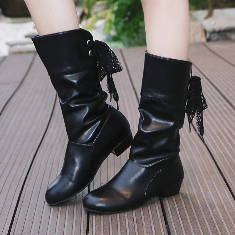 Plus Size 35-43 Women Middle Calf Boots Back Lace Up Low Heels Winter Shoes Black White Red Botas Mujer