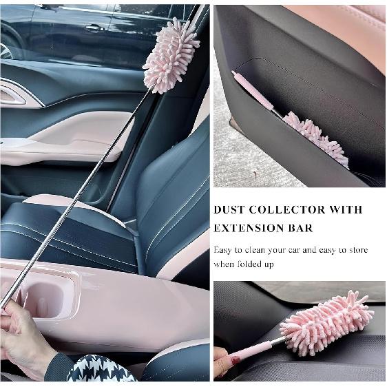 2PCS Car Interior Duster with Extension Pole, 11.8" to 30.5" Retractable Dusters Auto Dash Cleaning Tool, Soft Chenille Hand Washable Dusters for Car