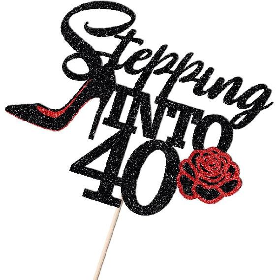 Stepping Into 40 Cake Topper,Still Fabulous at 40 Cake Decor,Funny Happy 40th Birthday Party Supplies,Highheel Rose Sign Cheers to 40 Years Black Red