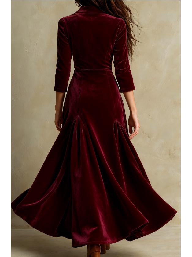 Robe longue unie pour femme, style européen et américain, avec revers boutonnée, jupe évasée cintrée à la taille et manches sept-quarts, pour 2025.