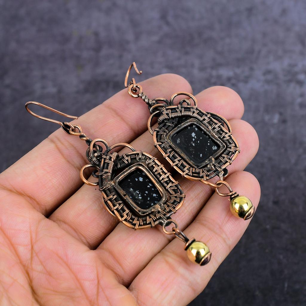 Natural Snowflake Obsidian Gemstone Copper Wire Wrap Jewelry Earring 3.35" y6s07