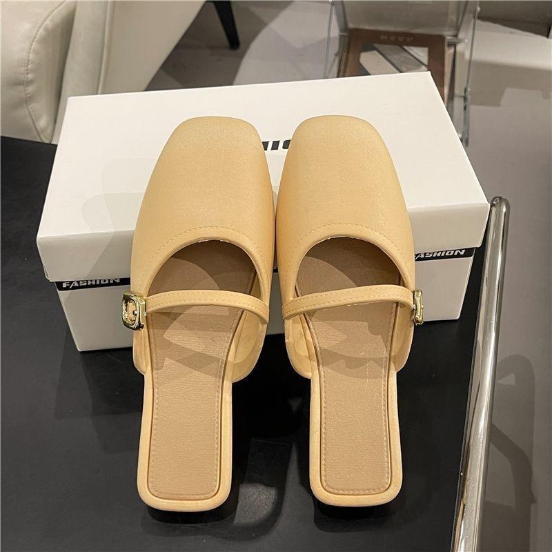 

Women s Square Toe Mule Slides Buckle Decor Flat Slippers Casual Mary Jane Style Sandals for Ladies 41 хакі