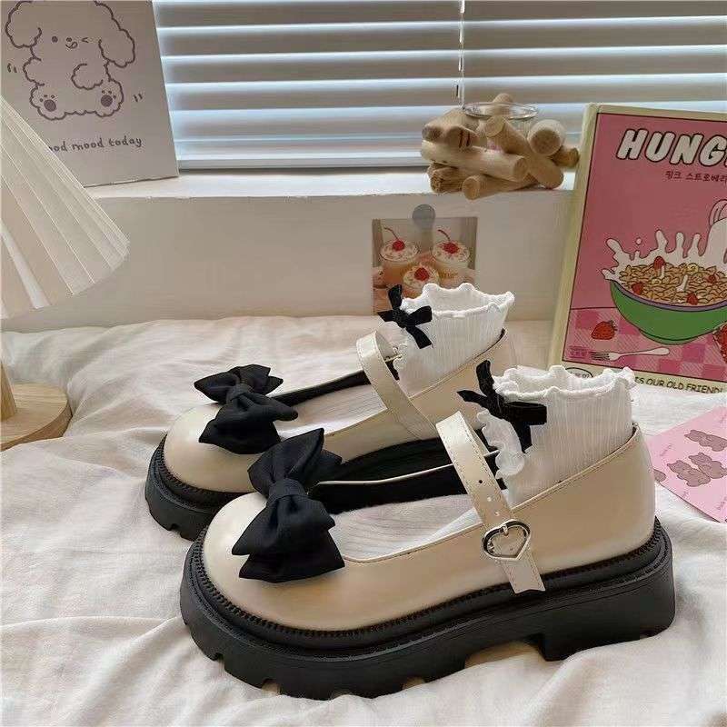 Bow Mary Jane small leather shoes female cute round head platform big head shoes college style versatile Japanese jk shoes tide