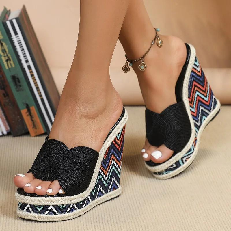 Fashion Eilyken Women Slippers Open Toe Weave Solid Platform Wedges Shoes Fashion High Heels Sandals Summer Zapatillas De Mujer
