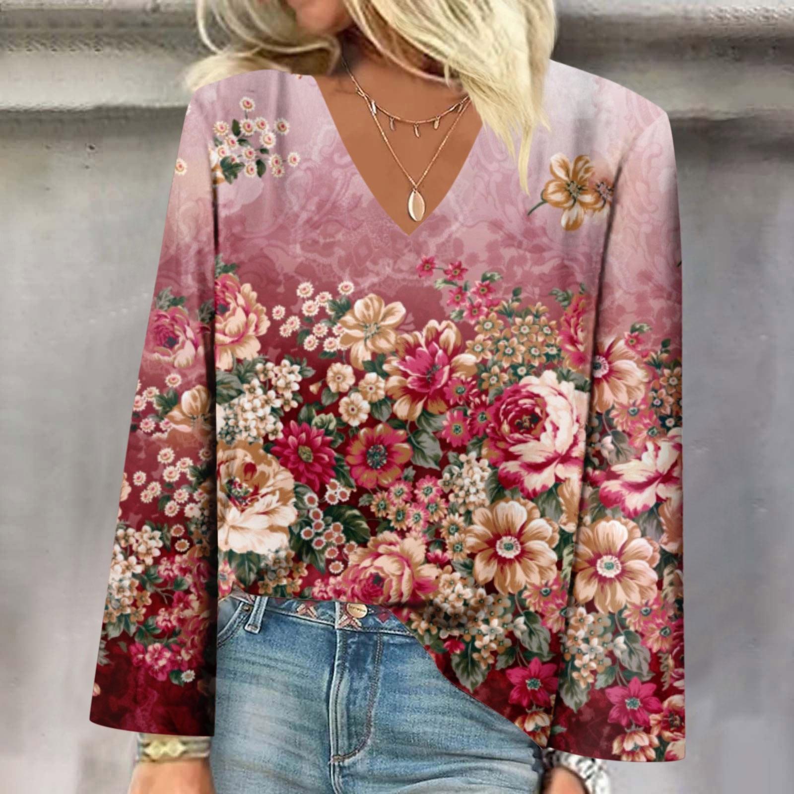 

Женская рубашка Блузка Повседневные свободные рубашки Длинные рукава с принтом Топы с V-образным вырезом Топы с принтом Футболки Футболка M киноварь