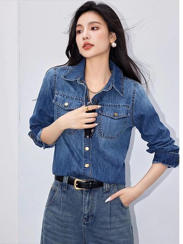 Women's Petite Retro Hong Kong Style Denim Shirt Jacket - Spring/Autumn Fashion, Loose Fit Cardigan, Drop Shoulder Slimming Design