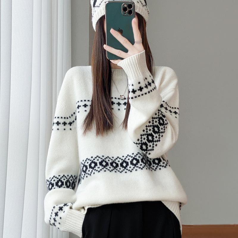 Meng Yi Women's Jacquard Wool Sweater: Autumn/Winter Loose Knitwear, Thick Round Neck