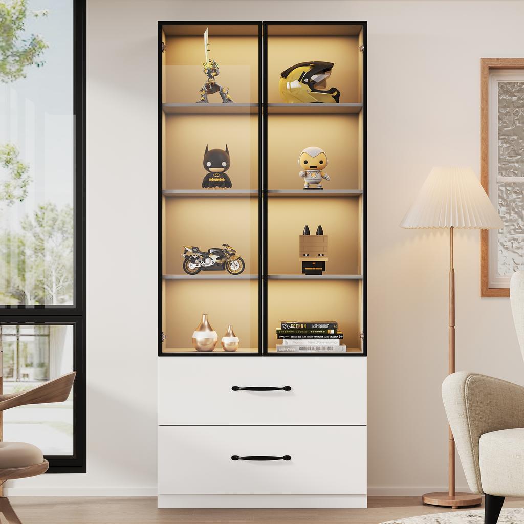 LED Display Cabinet 60×40×160 cm with Drawers, Aluminum Frame, Tempered Glass Doors and Soft-Closing Hinges, Multicolor LED