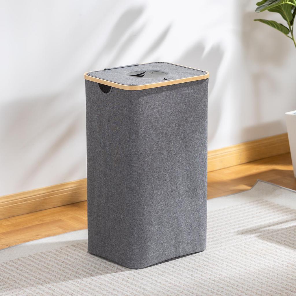 Składany bambusowy kosz na pranie z pokrywką - Bardzo duży kosz z tkaniny Oxford z wewnętrzną torbą