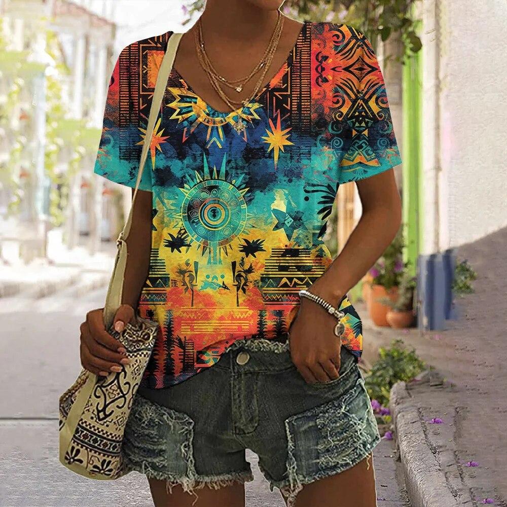 Fashion Printed Top Women s Simple Short Sleeve V-Neck T-Shirts Women’s S