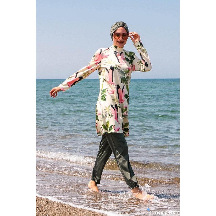 Neuer 2-teiliger muslimischer Damenbadeanzug mit vollständiger Bedeckung, Burkini-Oberteil und Hosen-Set, modischer bedruckter Badeanzug für Damen, vollständiger muslimischer Damenbadeanzug, bescheiden