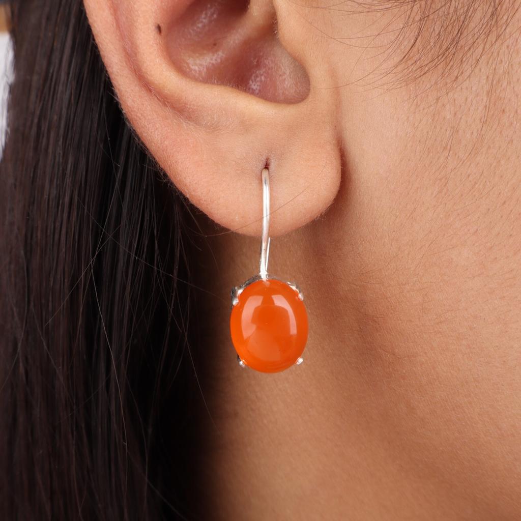 Natural Carnelian Gemstone 925 Sterling Silver Handcrafted Dangle Earrings 1.05" EE-173-24