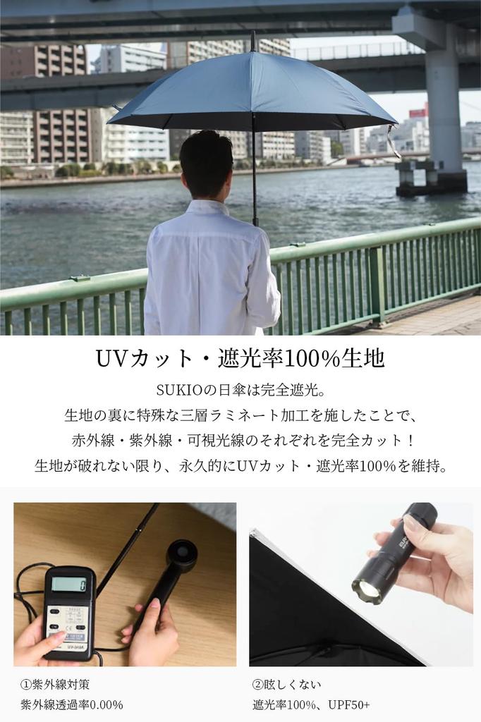 SUKIO Long 8 Full UV Heat Heatstroke UV Rain or Ultra Perfect for Watching and Water Jump Unisex Men's Parasol, 60cm, Ribs, Blackout, Fiberglass, 100%