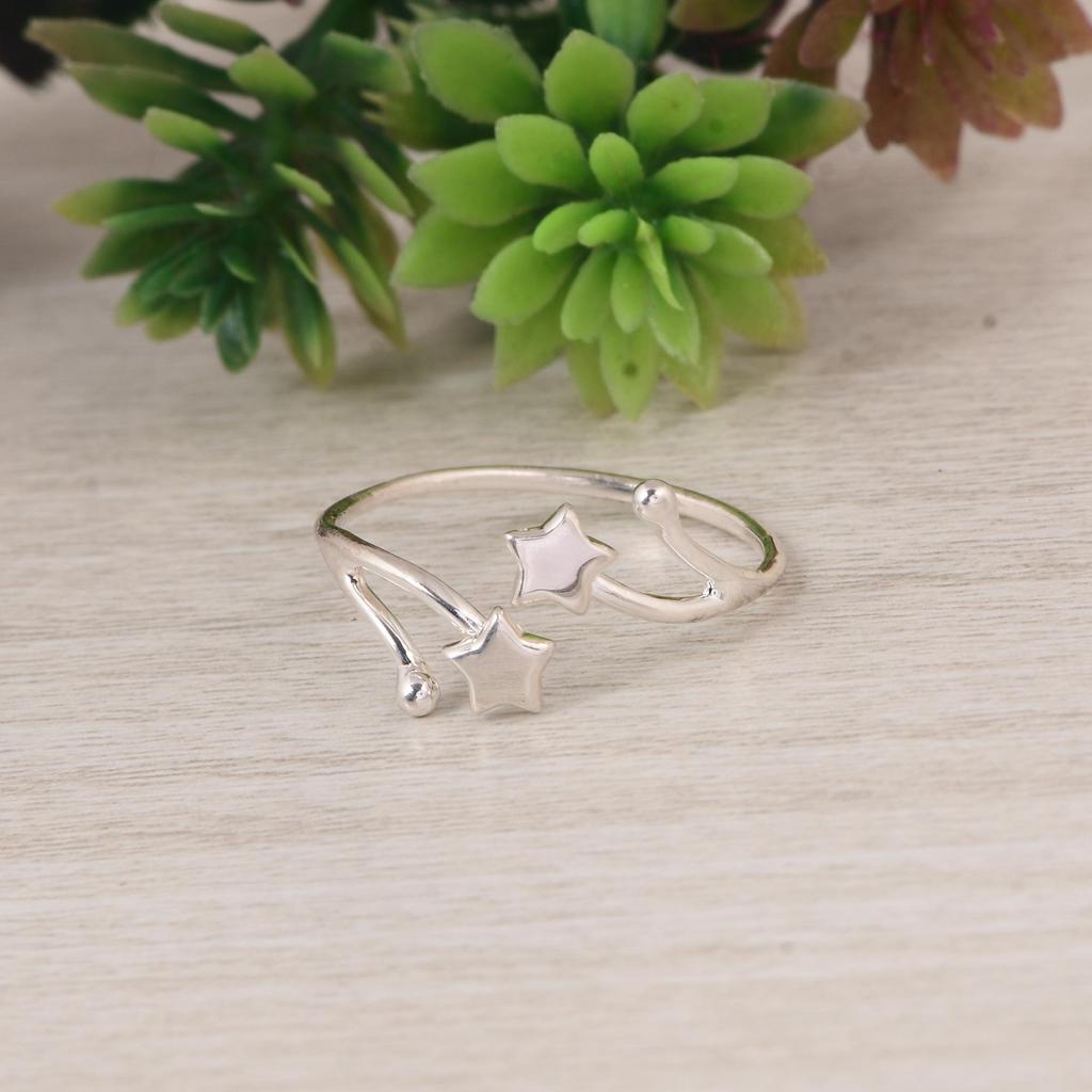 Double Star Adjustable Ring in 925 Sterling Silver | Minimal Celestial Open Ring | Star Symbol Silver Jewelry | Gift for Her