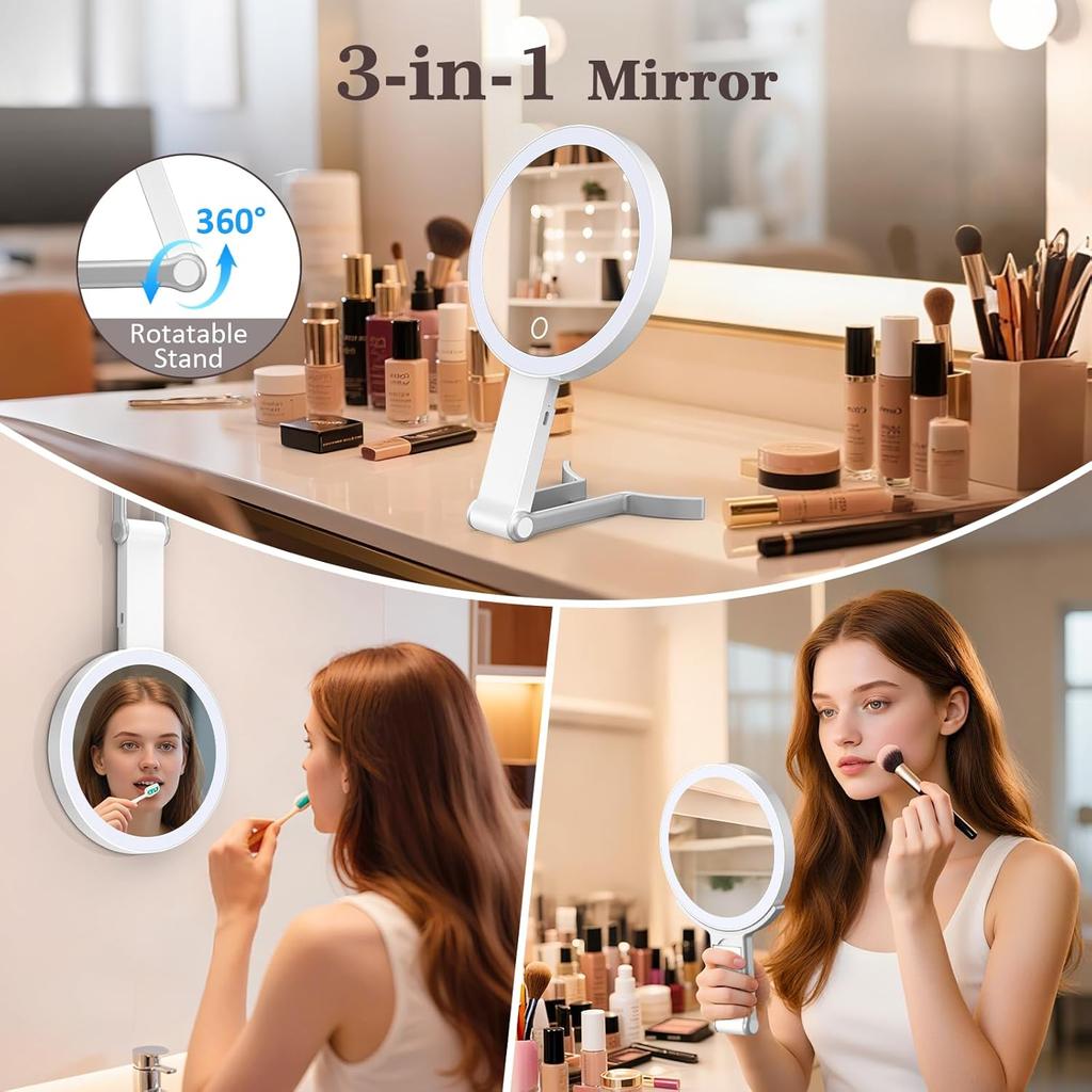 Travel Makeup Mirror with 3 Color Lights, 15X/1X Double Sided Lighted Magnifying Mirror, Portable Handheld Mirror, 3 in 1 Tabletop/Handheld/Hanging,