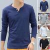 Fall Spring Men Top V Neck Long Sleeve Slim Fit Soft Pullover Mid Length Button Decor Simple Style Thin Elastic Men Casual T-shirt