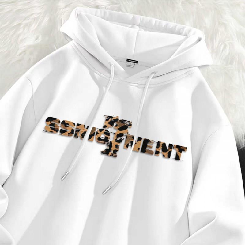Felpa Oversize con Cappuccio Stampa Leopardo Grafica con Lettere Dettagli Usurati Calda per l'Inverno Fodera in Pile Unisex Streetwear