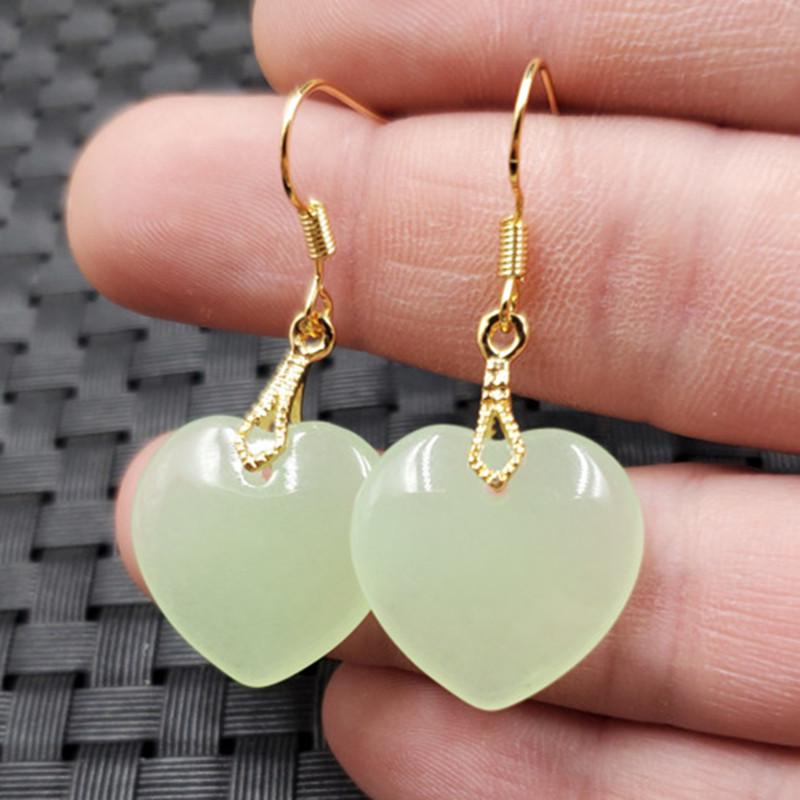 Heart-Shaped Green Quartzite Jade Earrings 2021-6-1302