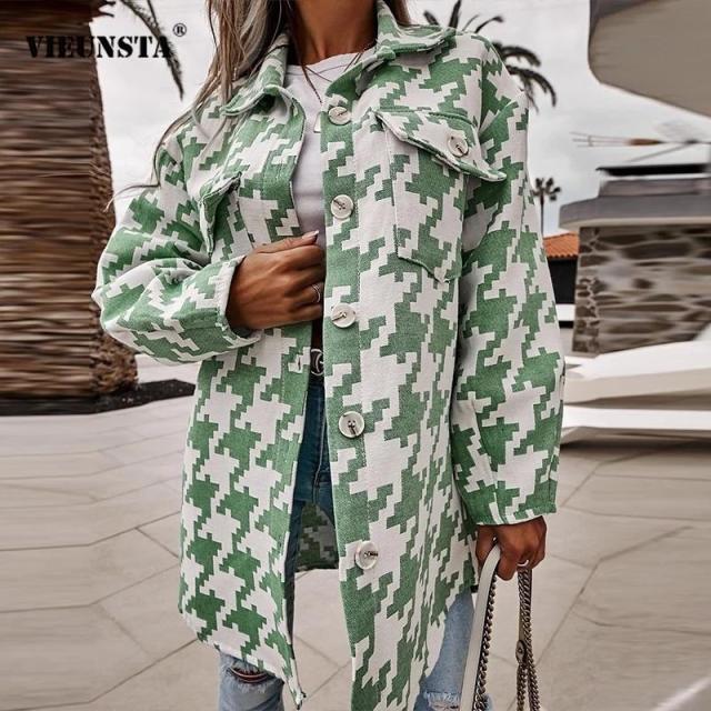 Autumn and winter new fashionable loose long-sleeved thousand bird plaid coat S зелёный