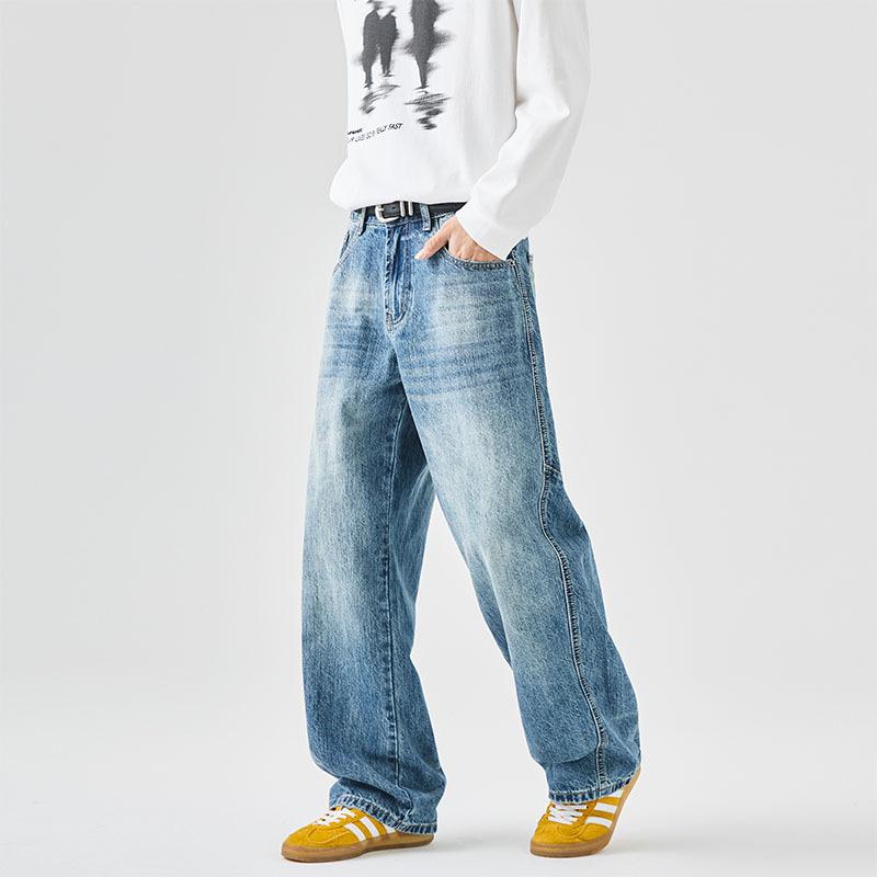 Blue Washed Trendy Jeans Men's Trendy Splicing Loose Straight American Retro Wide-leg Pants Men's Wholesale