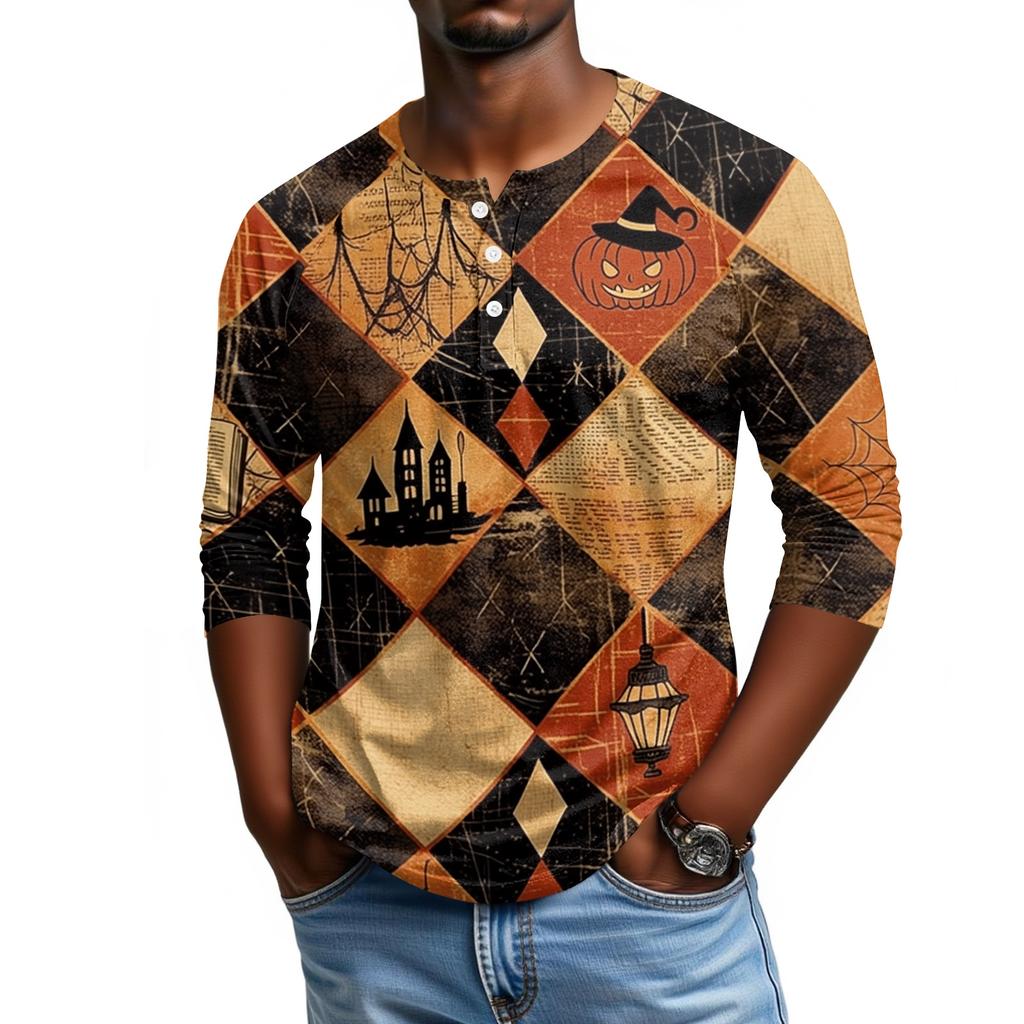 Men's Casual Halloween Print Henley Shirt Raglan Three Quarter Sleeve Top Comfortable Fit Lightweight Fabric