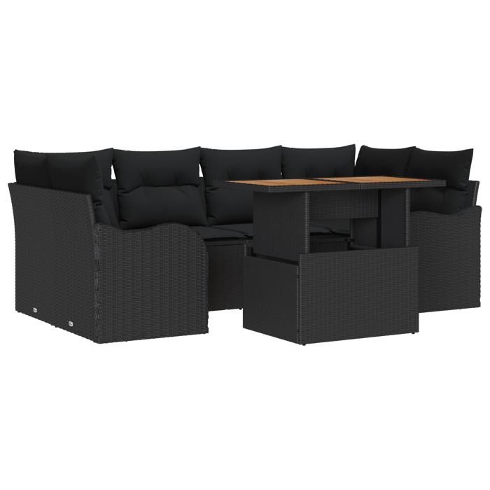 Ensemble de Canapés de Jardin de 7 Pièces avec Coussins Noir Poly Rattan, Canapé de Jardin 2 Places avec Rangement 3358151