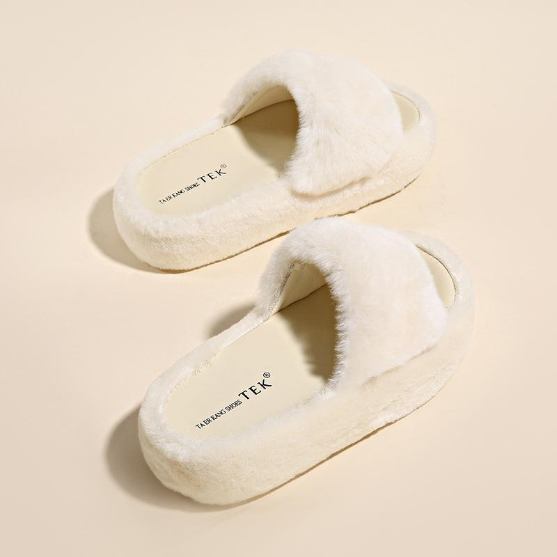 

Thick-soled outer wear fluffy slippers women s 2025 autumn new one-word home plush slippers open-toed cotton slippers 35