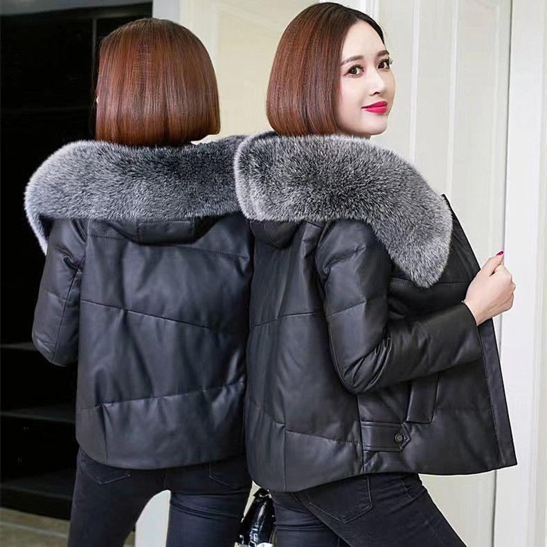 

ПУ кожа пуховик хлопок зимнее пальто искусственный мех короткий свободный стиль высокая талия 3XL чёрный