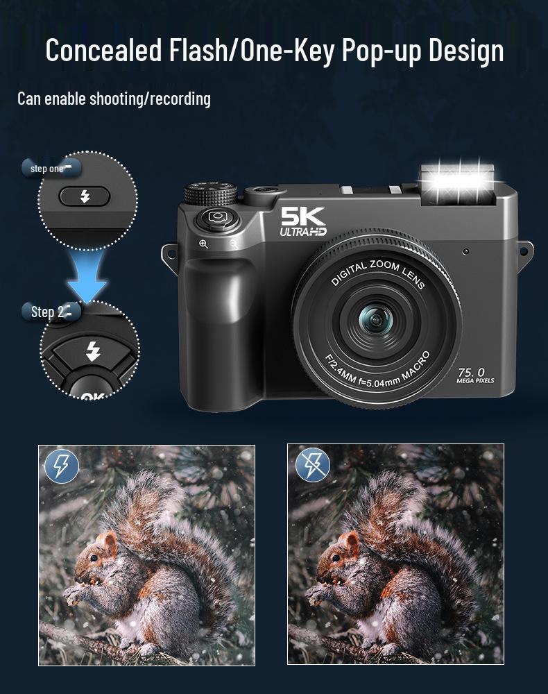 5K HD Mirrorless Digital Camera with Flip Screen, 18x Zoom, WiFi, Selfie, and Beauty Mode.